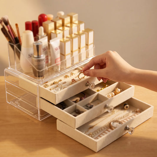 Flannel Jewellery & Cosmetic Storage Organizer with Drawers