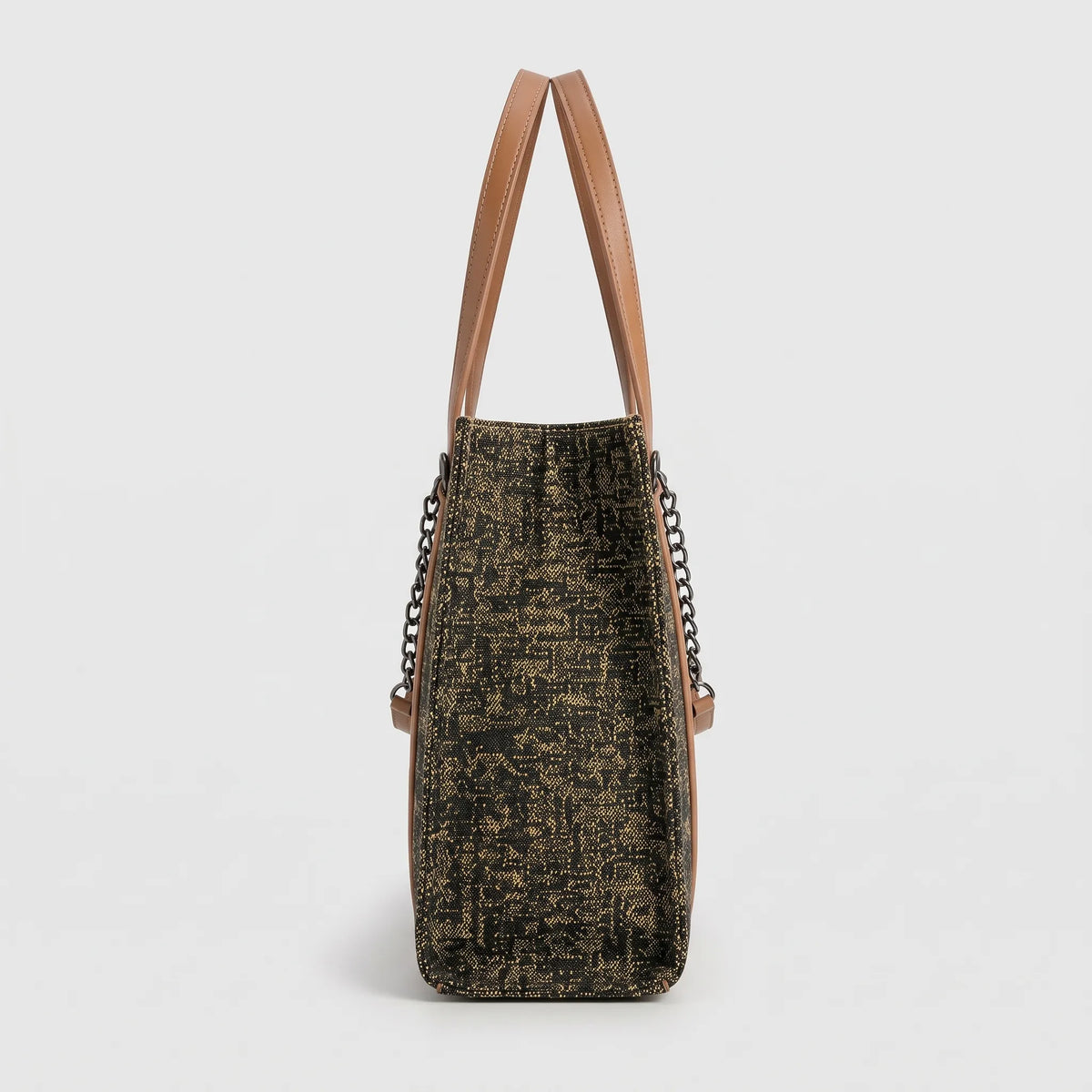 Black and Gold Patterned Tote Bag with Tan Straps