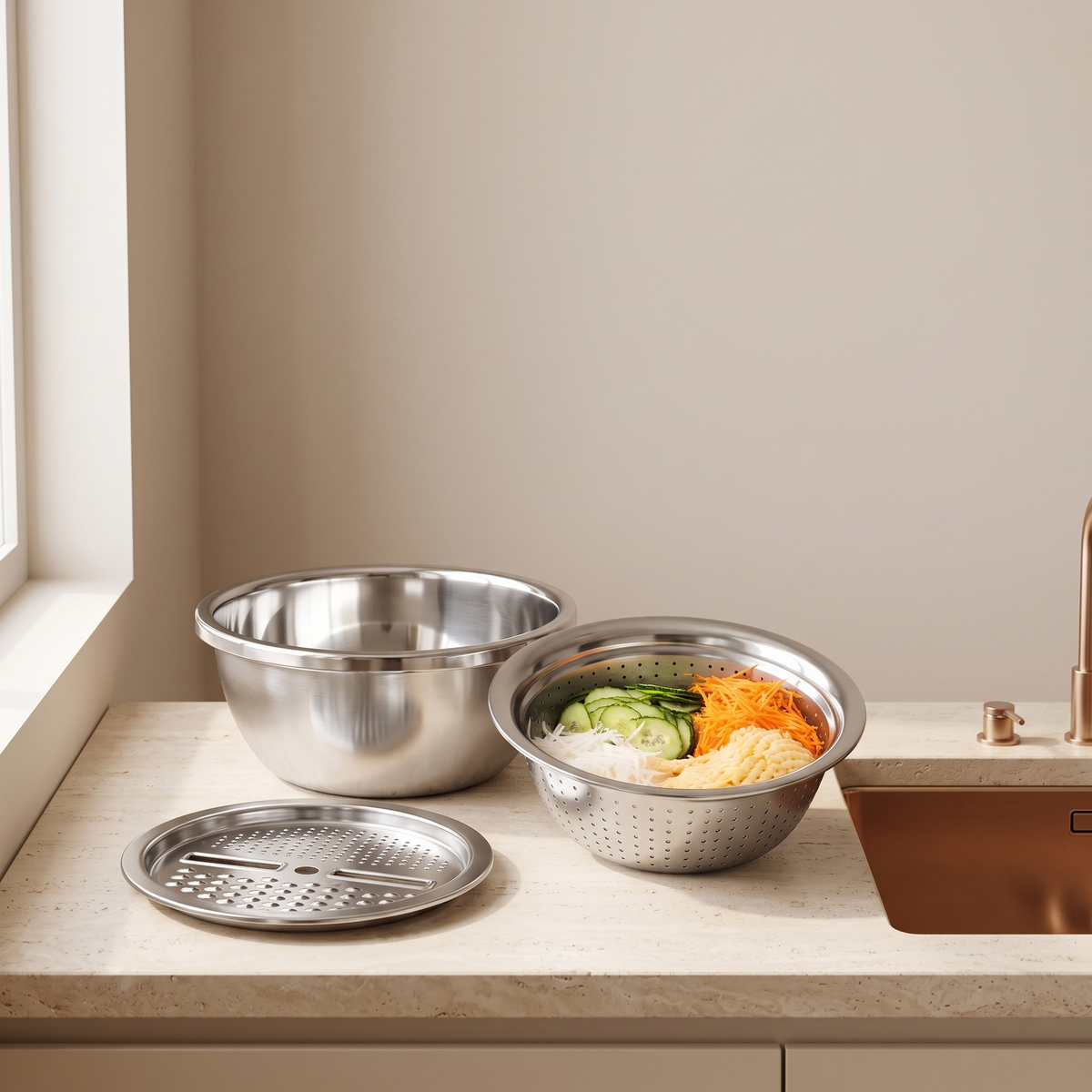 3-in-1 Stainless Steel Colander with Grater – Strainer, Drainer & Grater