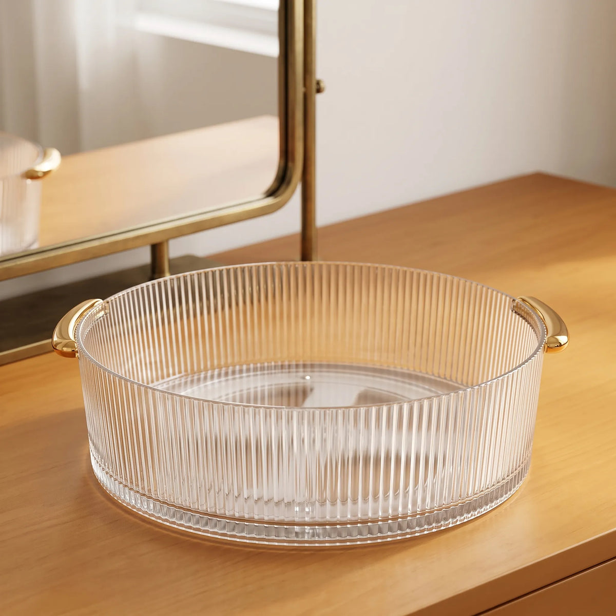 Rotating Acrylic Perfume Tray with Gold Handles – Round Ribbed Vanity Organizer