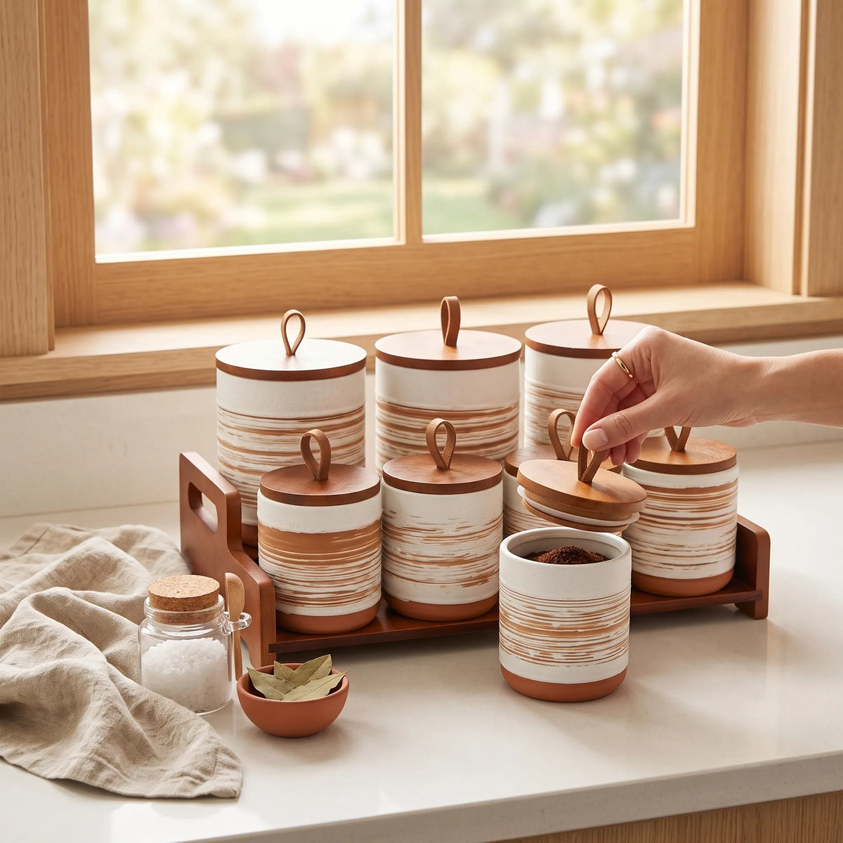 7-Piece Ceramic Spice Storage Jar Set with Wooden Lids – Kitchen Organiser