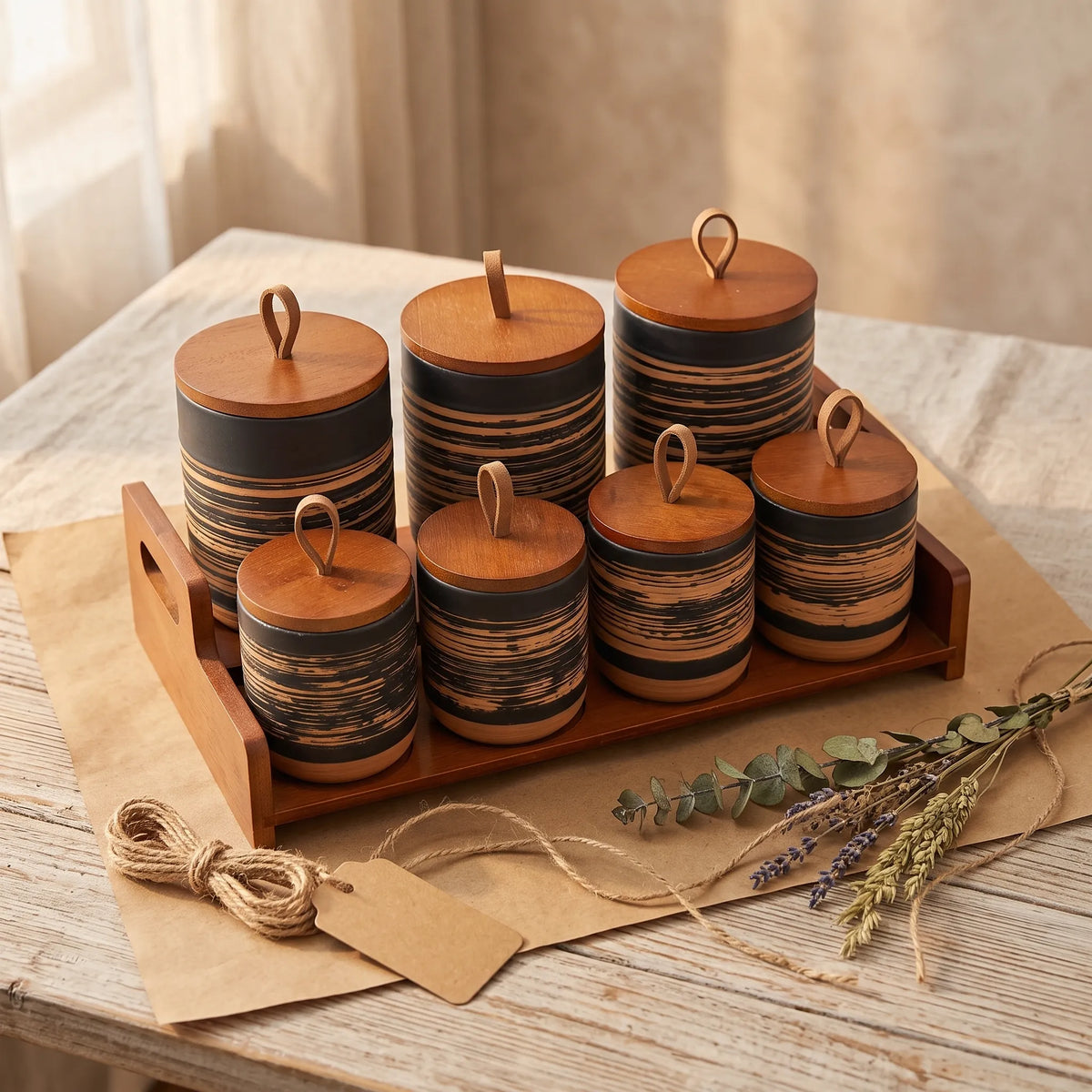 7-Piece Ceramic Spice Jar Set with Wooden Lids – Cylindrical Kitchen Storage