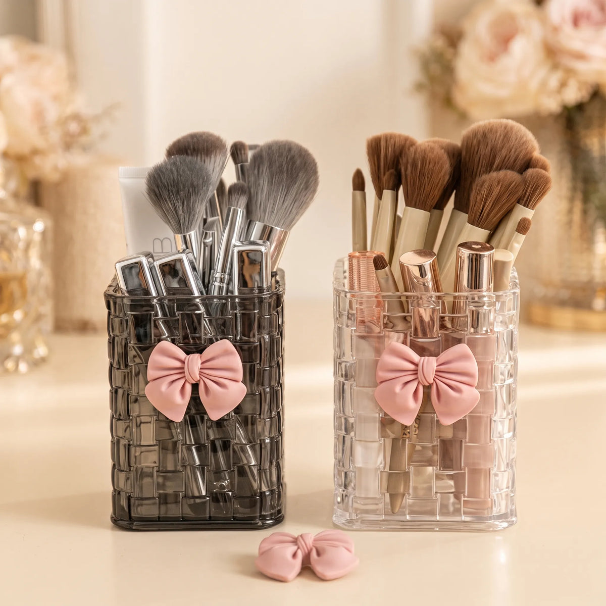 Woven Acrylic Makeup Brush Holder with Bow – Vanity Storage Cup