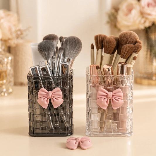 Woven Acrylic Makeup Brush Holder with Bow – Vanity Storage Cup