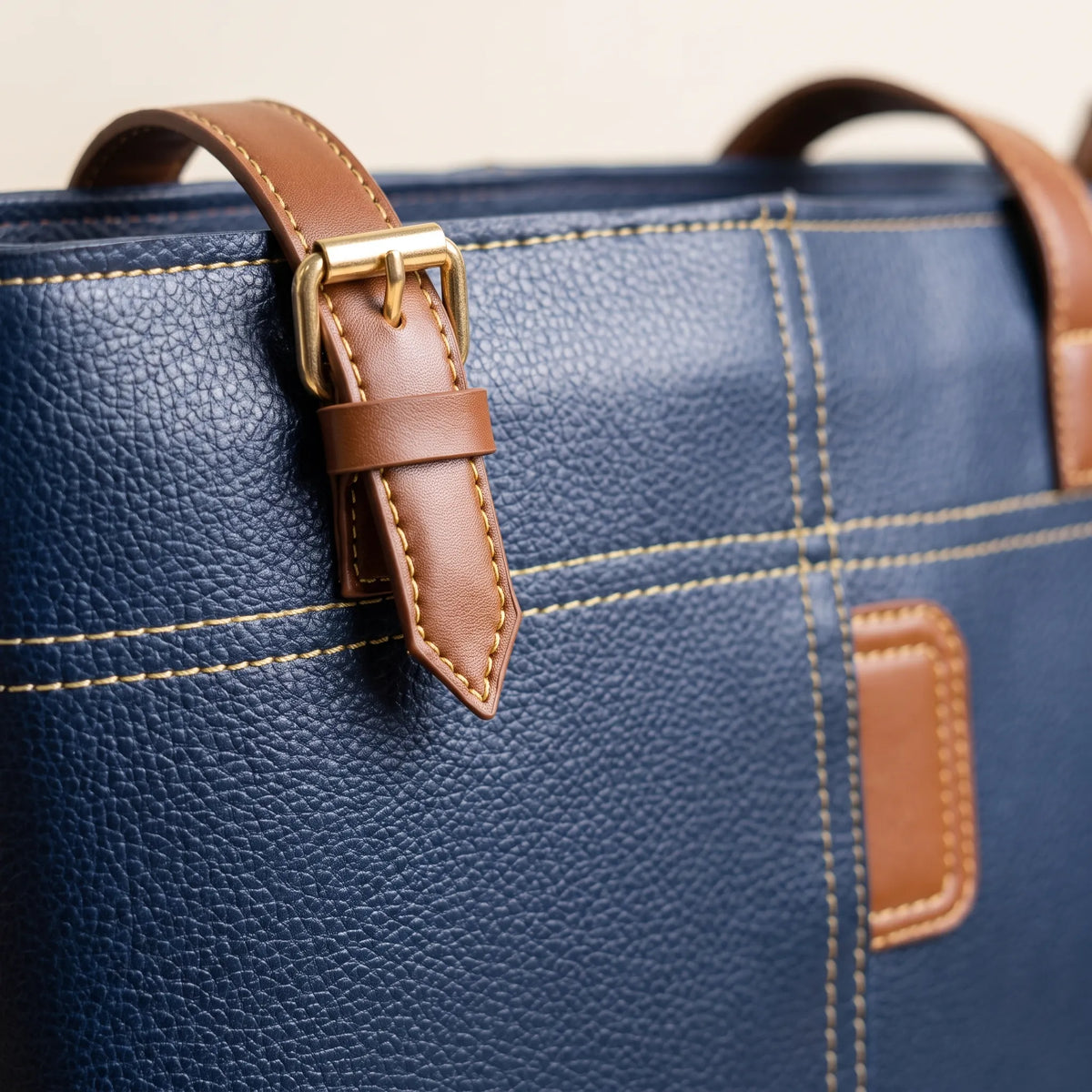 Two-Tone Faux Leather Handbag in Navy and Tan