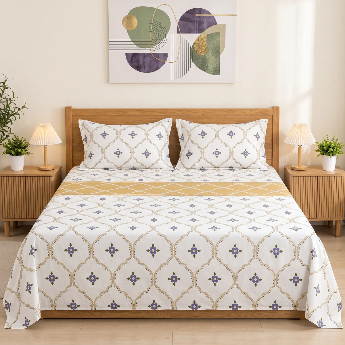 3pcs Ogee Lattice & Purple Blossom Bedding Set
