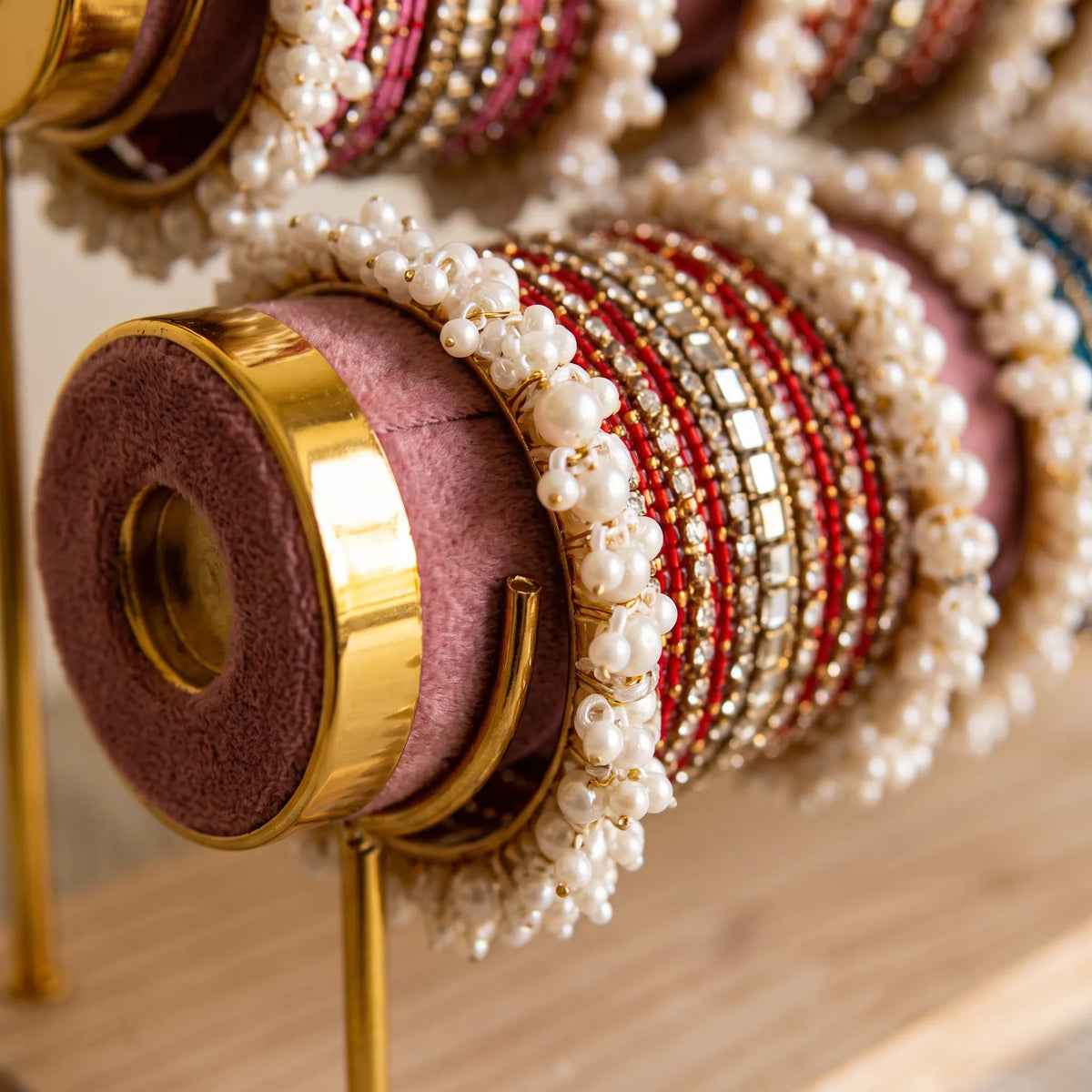 3-Tier Velvet Bangle & Bracelet Stand – Gold Accent Jewellery Organizer with Wooden Base