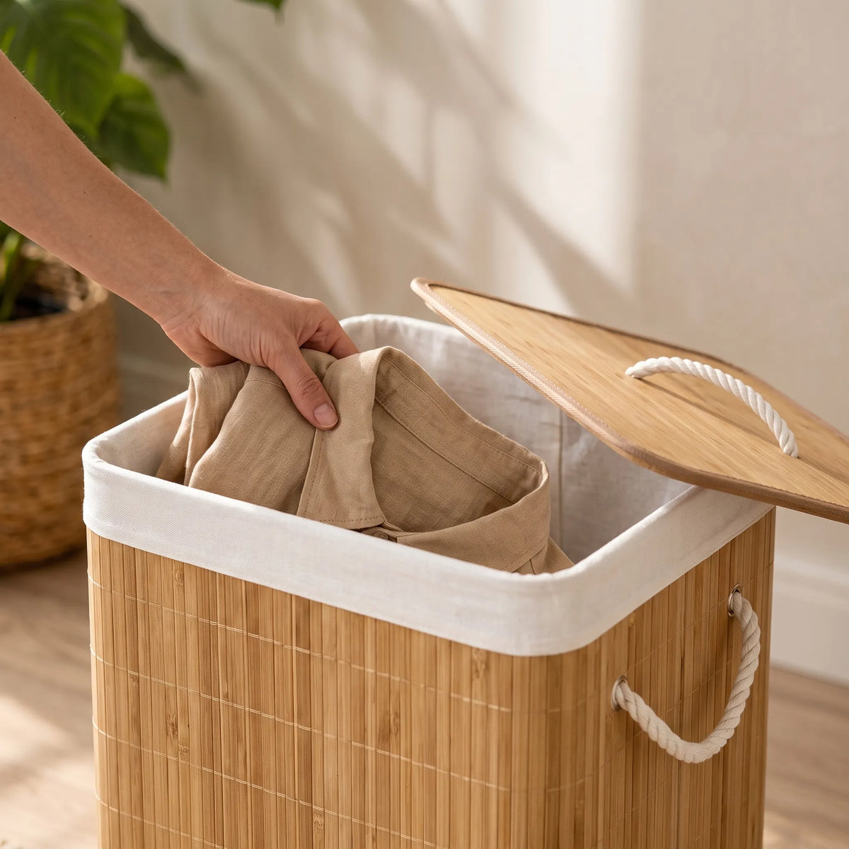 Bamboo Laundry Hamper with Lid & Rope Handles – Round / Rectangular