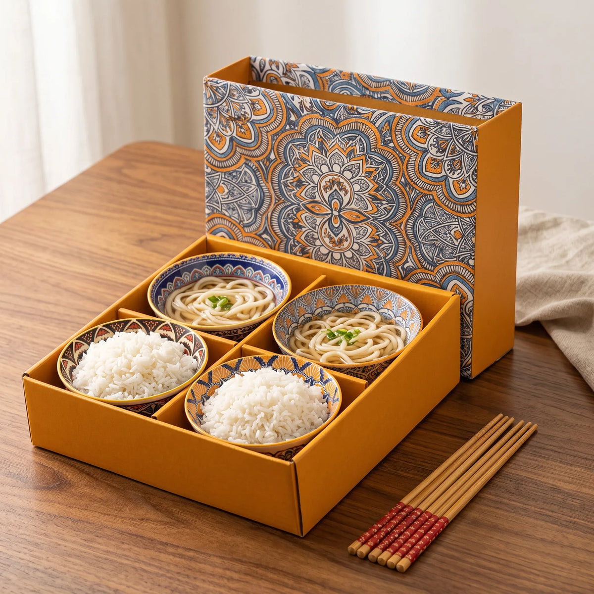 Hand-Painted Ceramic Bowl Set with Chopsticks in Gift Box – 4 Pieces