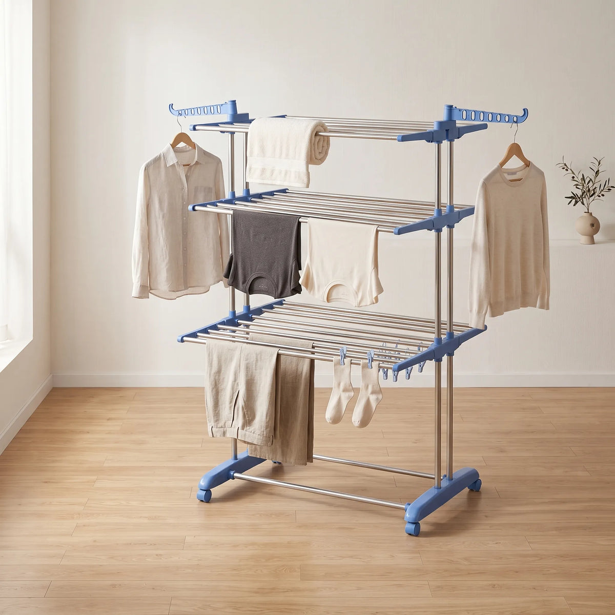 Foldable 3-Layer Clothes Drying Stand – Floor-Standing Laundry Rack