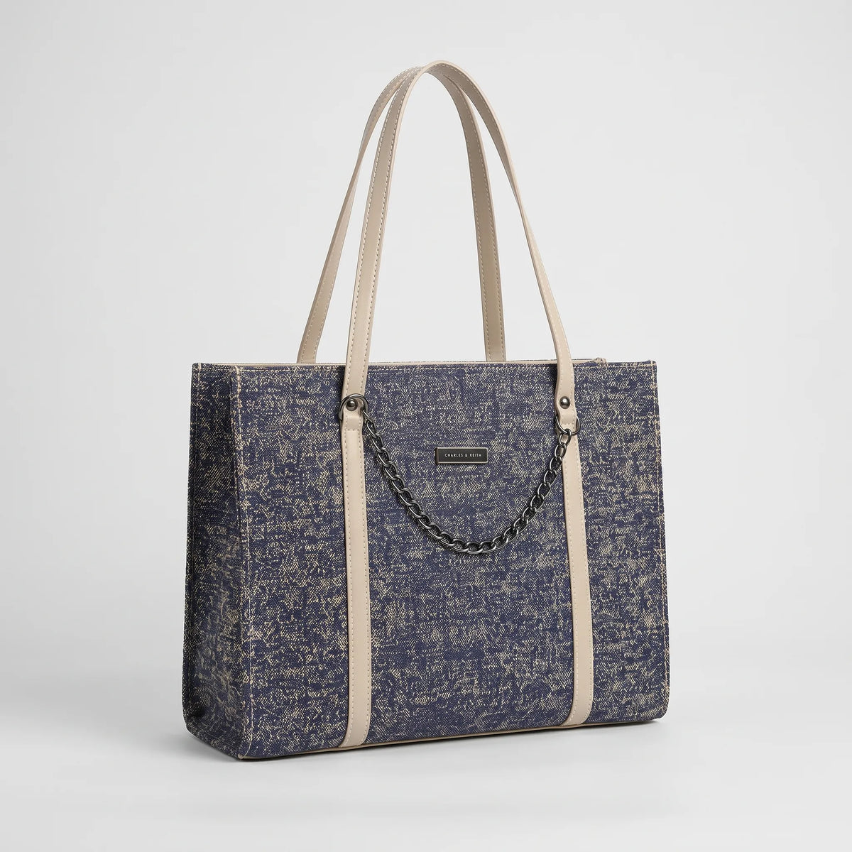 Blue and Beige Patterned Tote Bag with Cream Straps