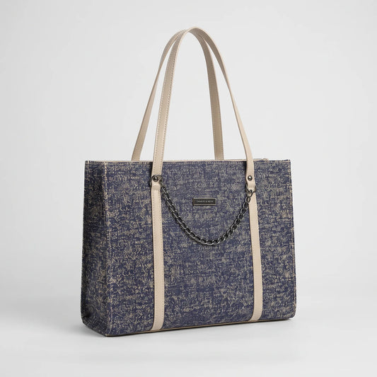 Blue and Beige Patterned Tote Bag with Cream Straps