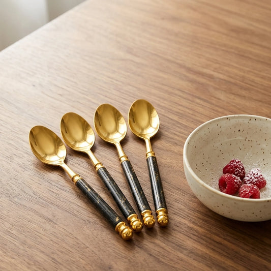 Gold Spoon Set with Marble-Style Handles – 4 Pcs Dessert & Tea Spoons