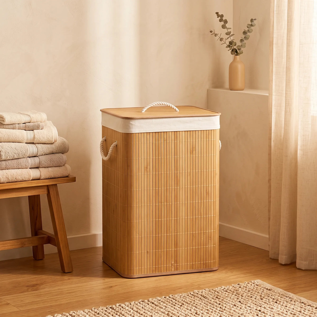 Bamboo Laundry Hamper with Lid & Rope Handles – Round / Rectangular
