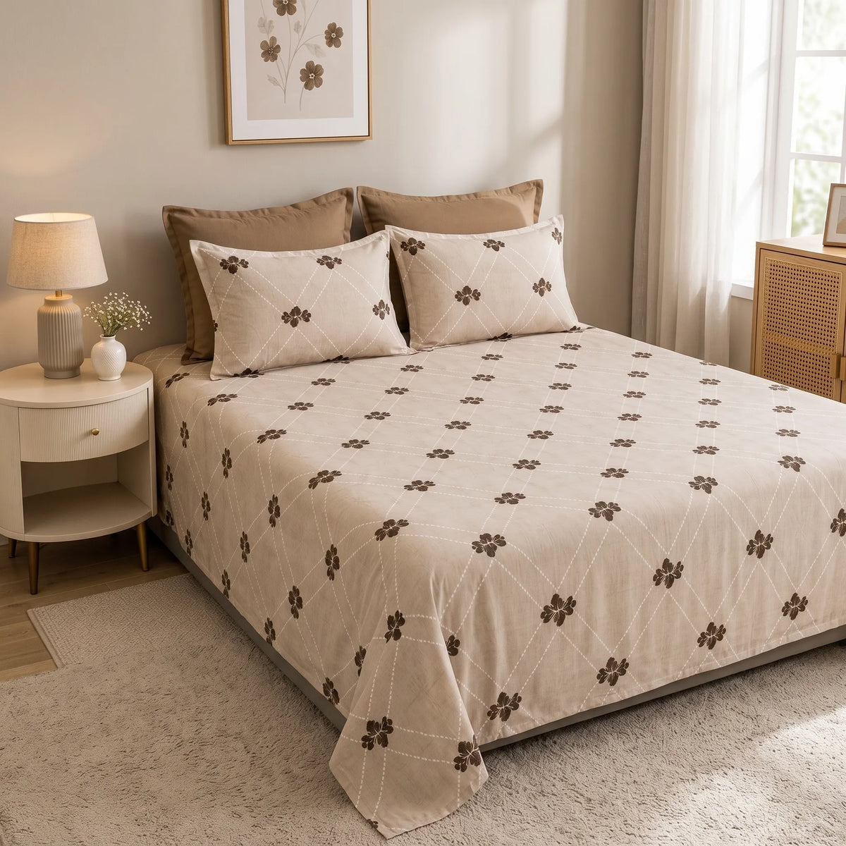 3 Pcs Neutral Trellis & Floral Motif Cotton Bedding Set