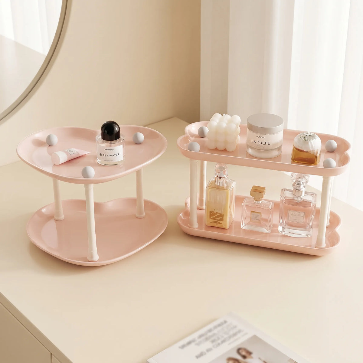 2-Tier Heart & Cloud Vanity Organizer – Aesthetic Pink Cosmetic Storage Stand