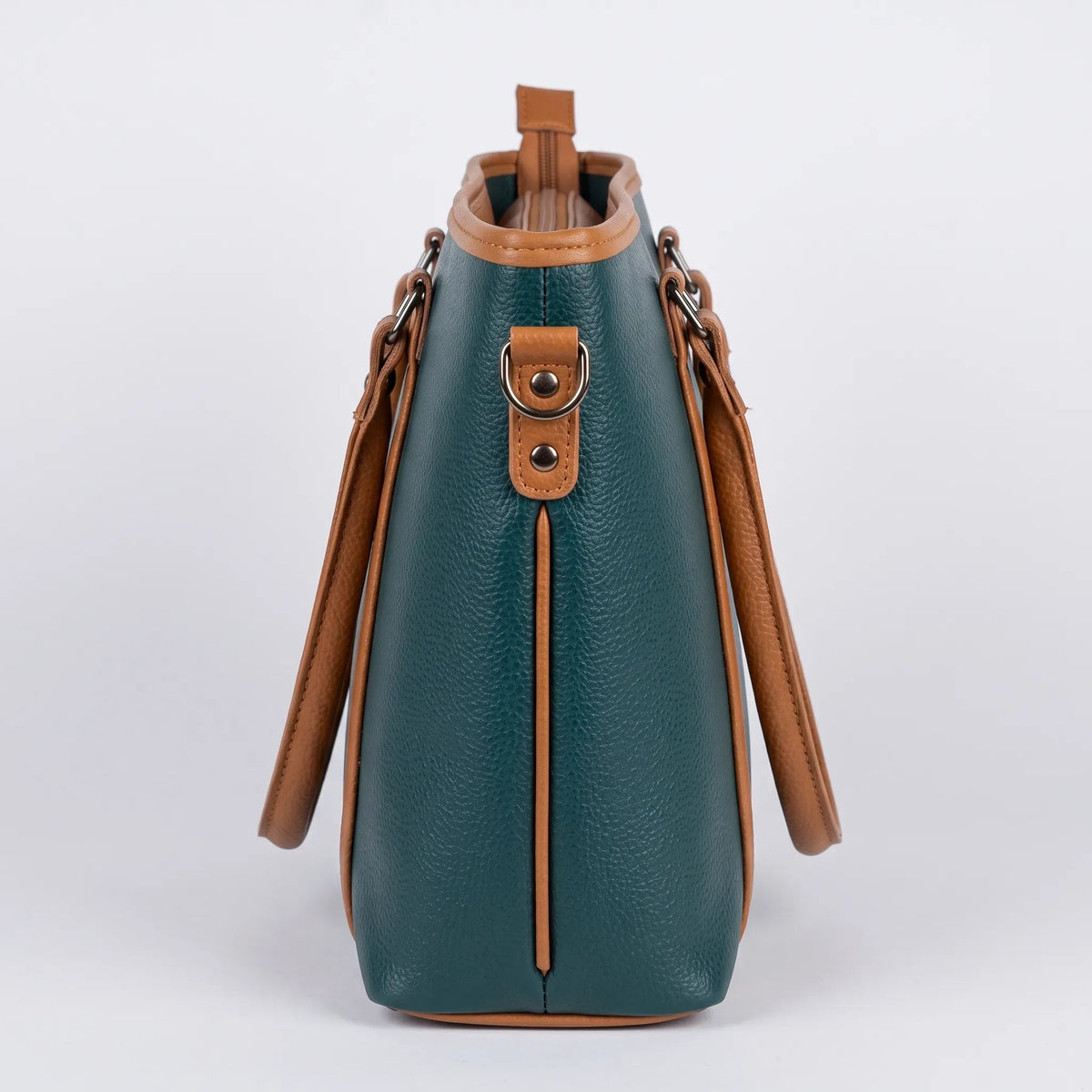 Green Structured Tote Bag with Contrast Tan Straps – Women’s Handbag
