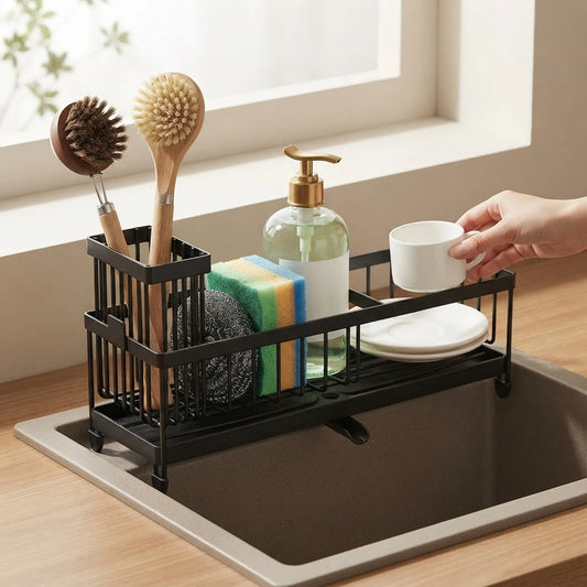 Sink Organizer Rack with Drain Tray – Kitchen Sponge & Brush Holder