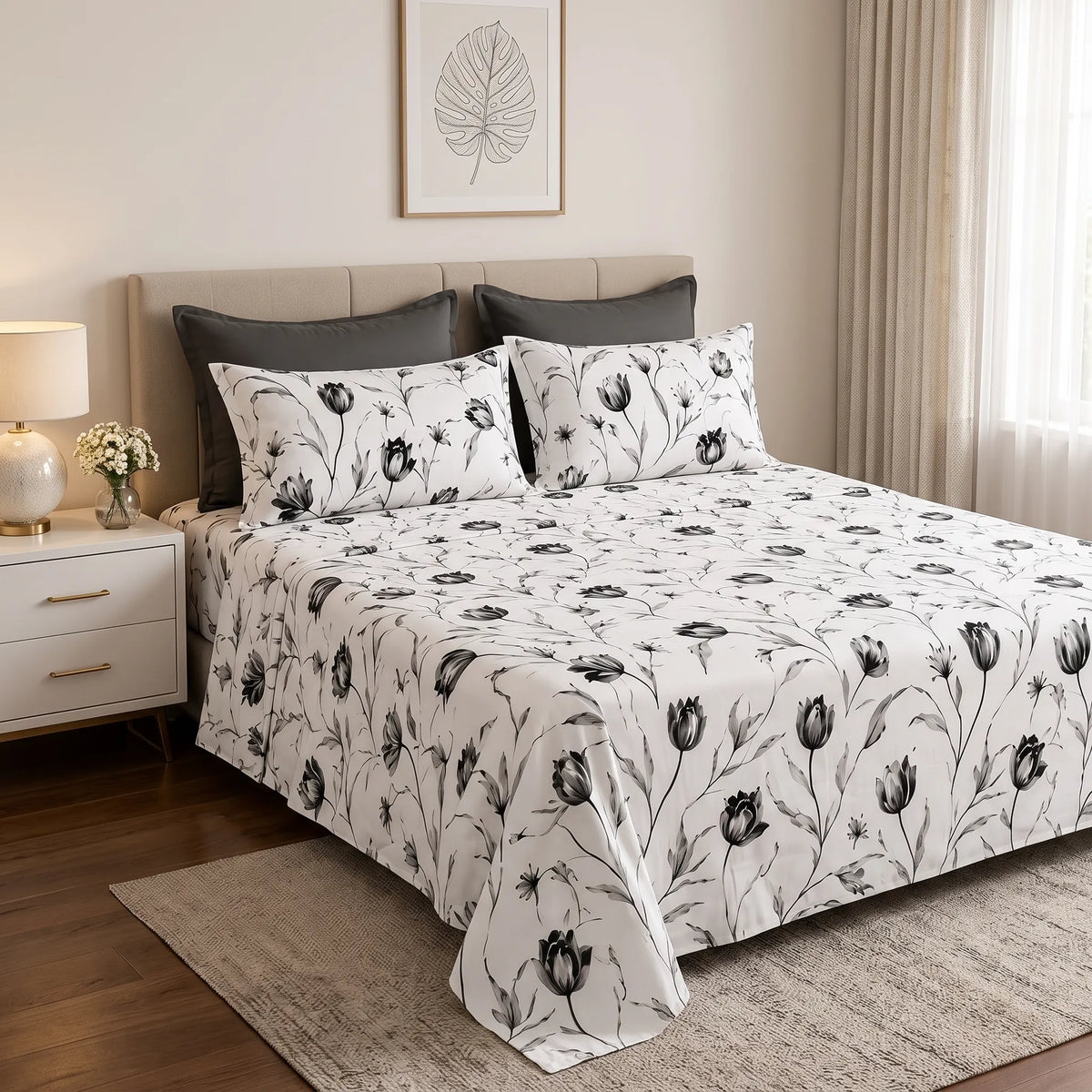 3 Pcs Monochrome Tulip Print Bedding Set
