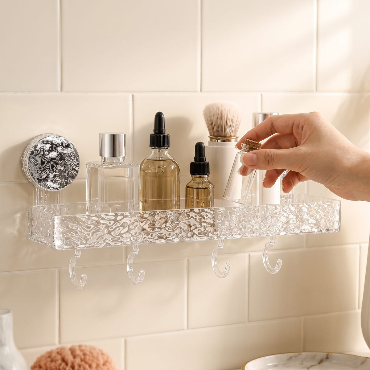 Premium Suction Cup Bathroom Shelf with Hooks – No-Drill Wall Rack