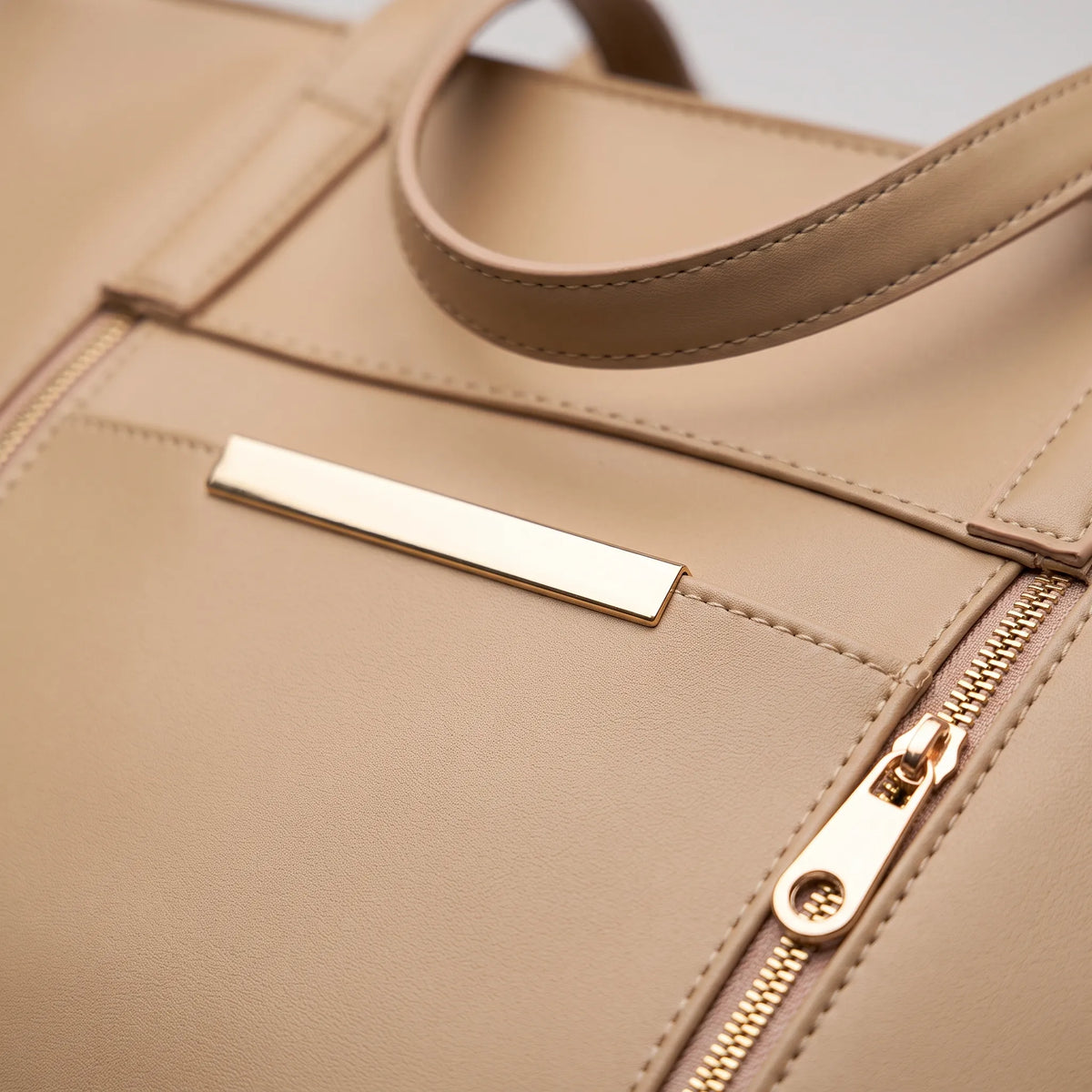 Beige Structured Tote Bag with Front Pockets – Women’s Handbag