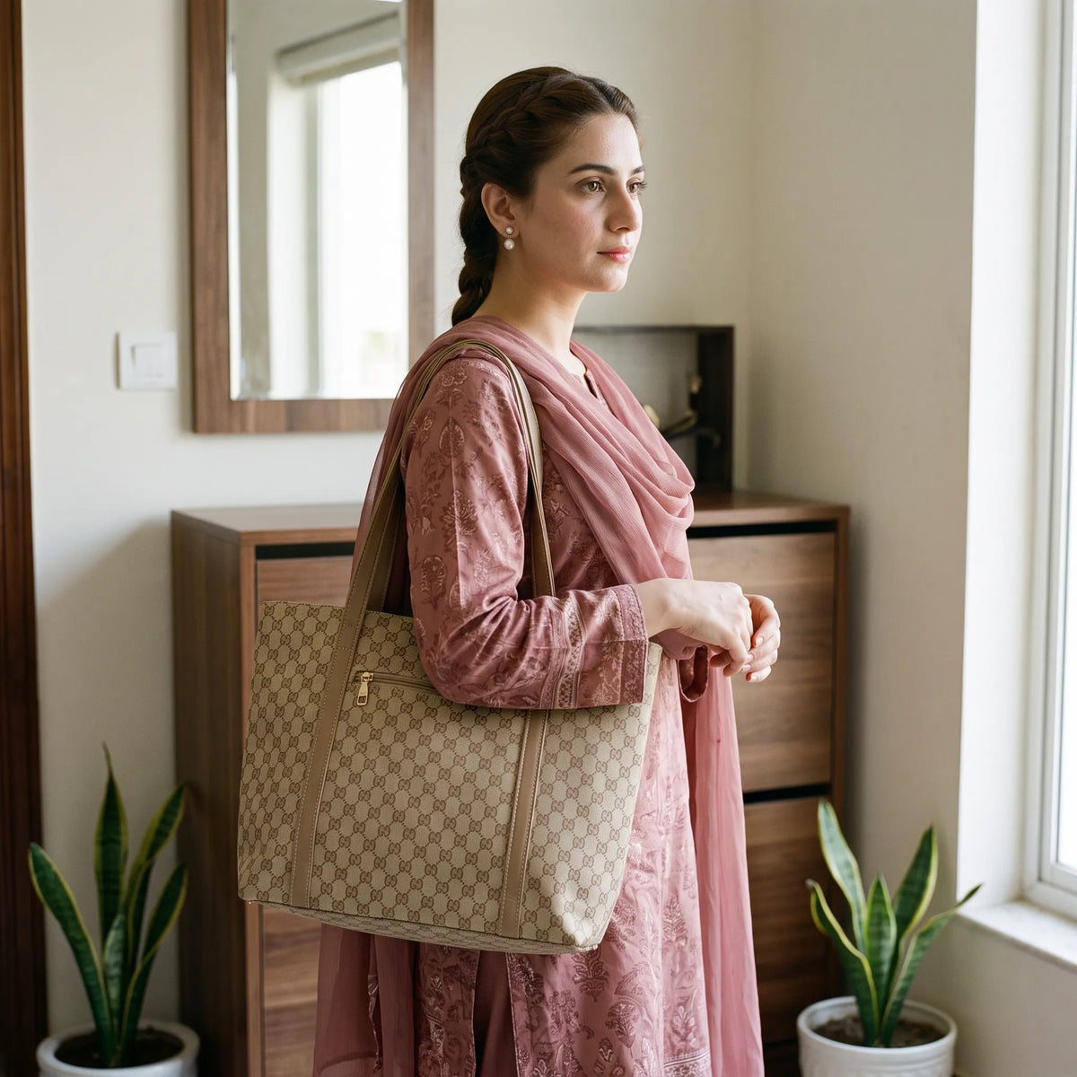 Classic Faux Leather Shoulder Bag with Tan Trim and Top Zipper