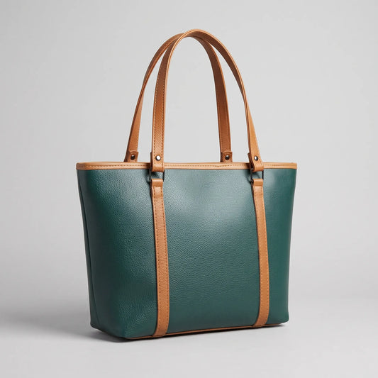 Green Structured Tote Bag with Contrast Tan Straps – Women’s Handbag