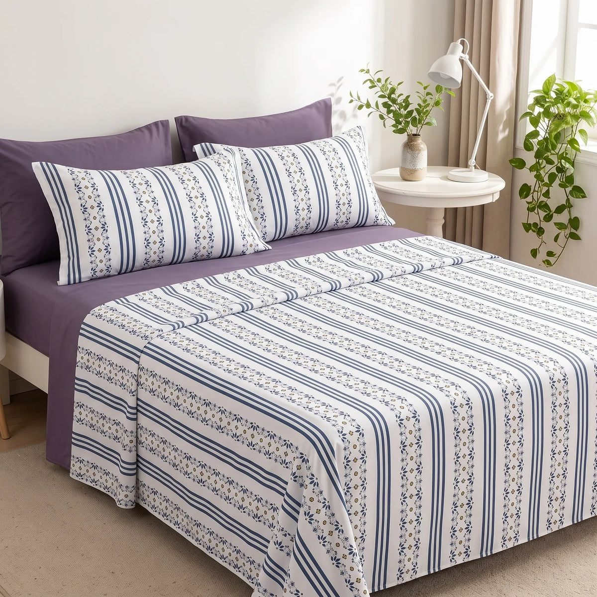 3 Pcs Blue Stripe & Floral Heritage Bedding Set
