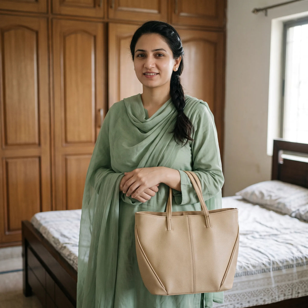 Beige Pebble-Grain Structured Tote Bag