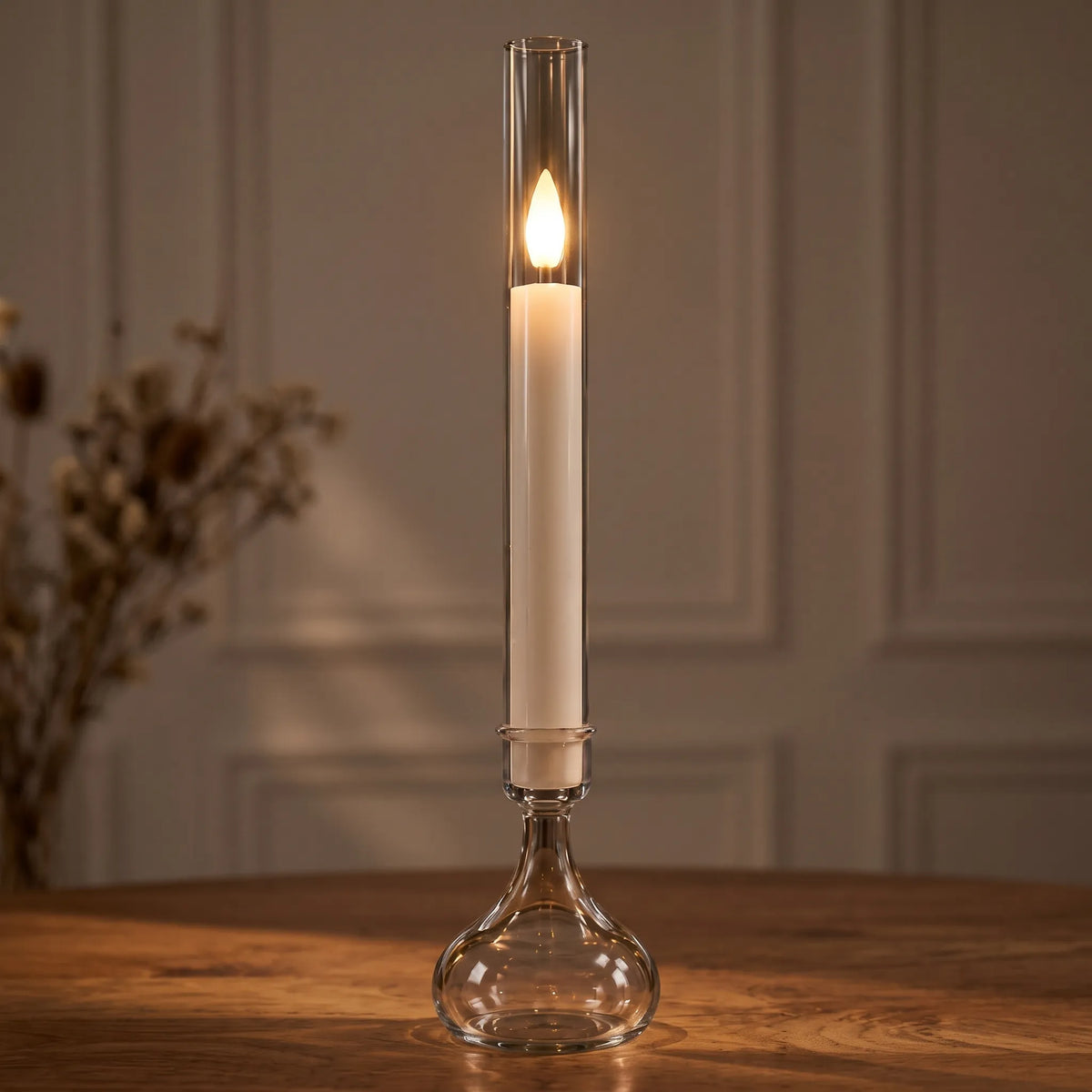 Glass Tube LED Taper Candle – Flameless Tall Candle Holder