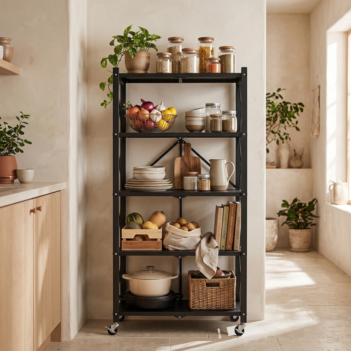 Foldable Heavy-Duty Kitchen Storage Rack with Wheels – 3, 4 & 5 Tier