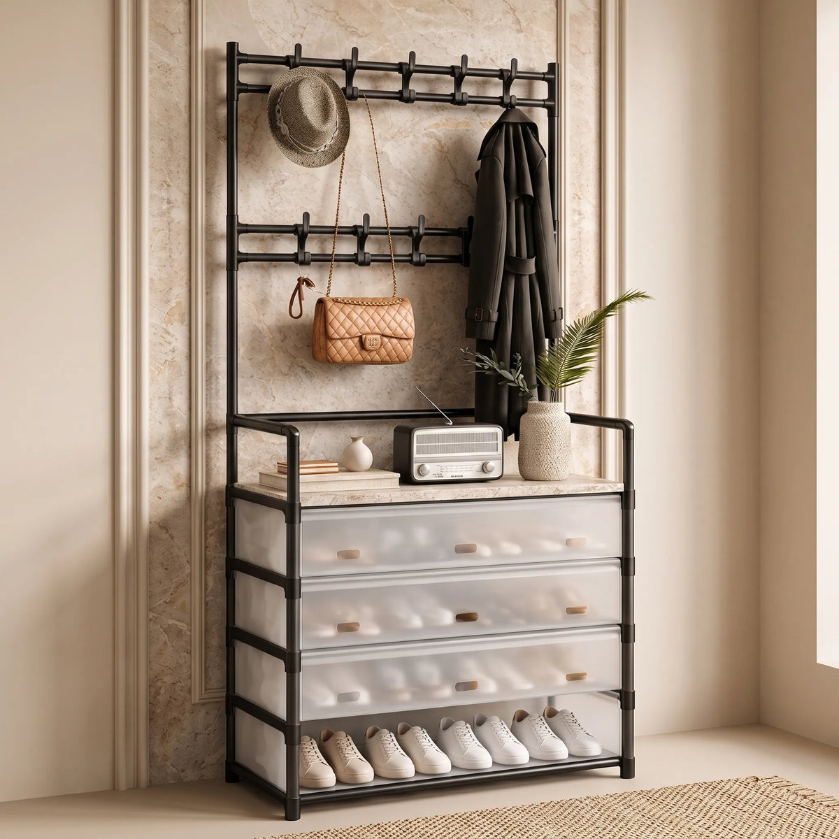 Dustproof Shoe & Coat Rack with Hooks – Multi-Layer Entryway Organizer