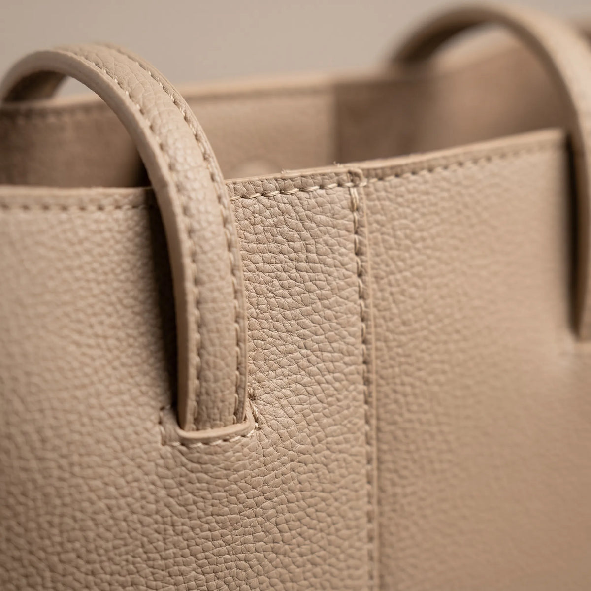 Beige Pebble-Grain Structured Tote Bag