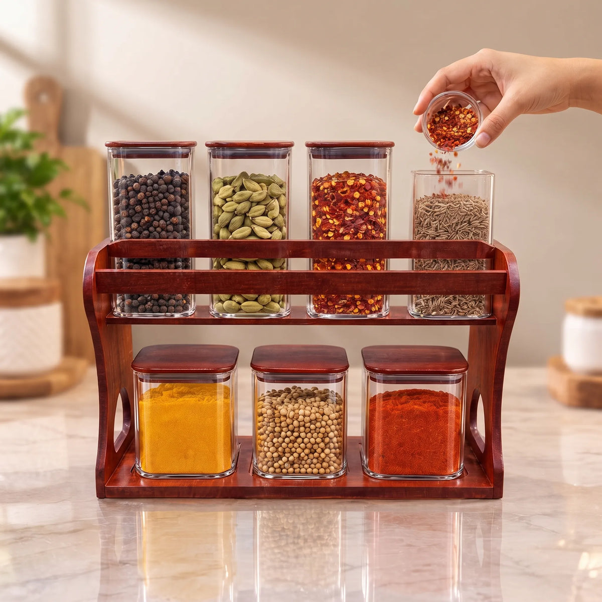 7-Piece Glass Storage Jar Set with Wooden Stand – Kitchen Spice Organiser
