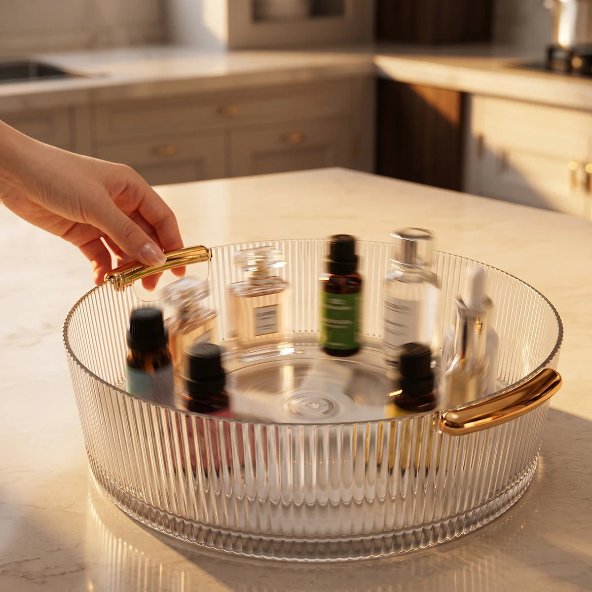 Rotating Acrylic Perfume Tray with Gold Handles – Round Ribbed Vanity Organizer