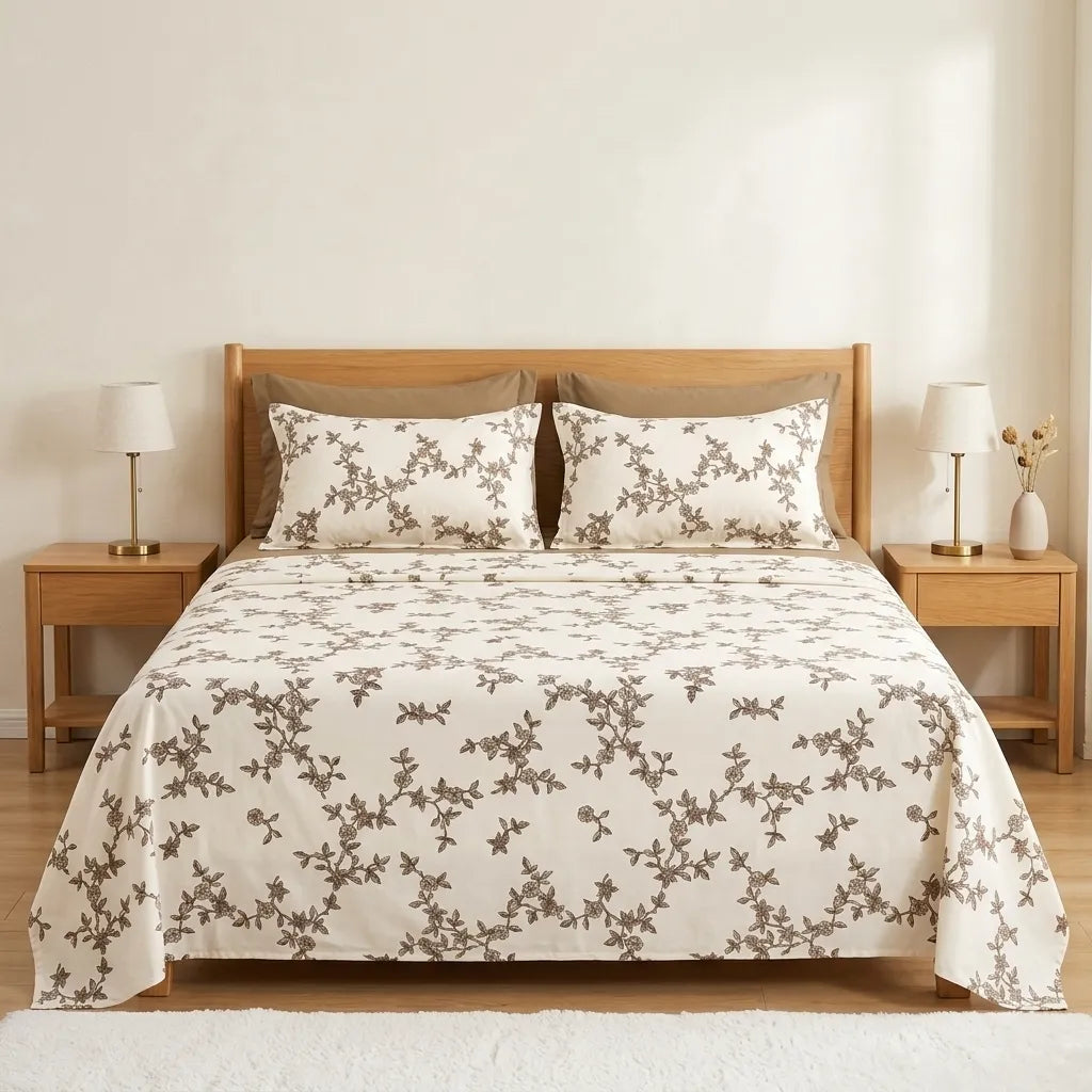 3 Pcs Cream & Brown Botanical Vine Bedding Set