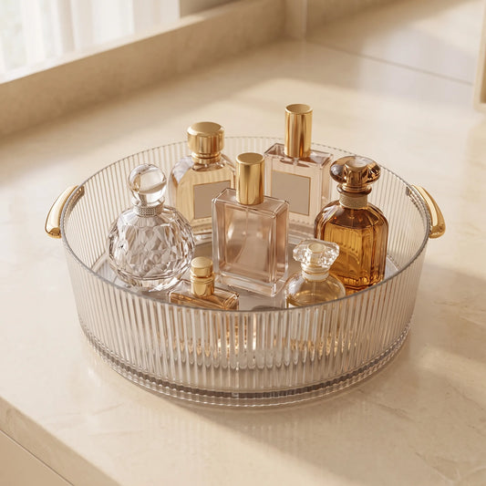 Rotating Acrylic Perfume Tray with Gold Handles – Round Ribbed Vanity Organizer