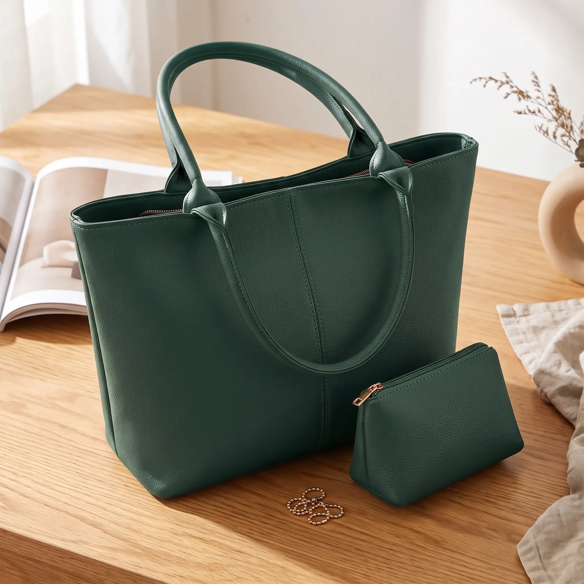 The Kensington Classic Pebbled Leather Everyday Tote with Matching Pouch