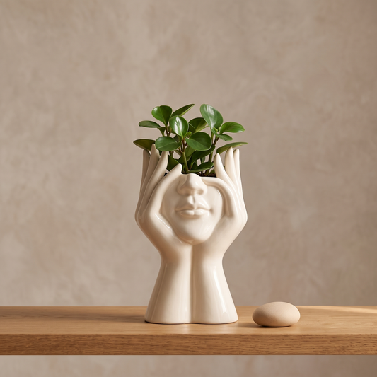Abstract Face Planter Vase – Ceramic Hand Sculpture Flower Pot
