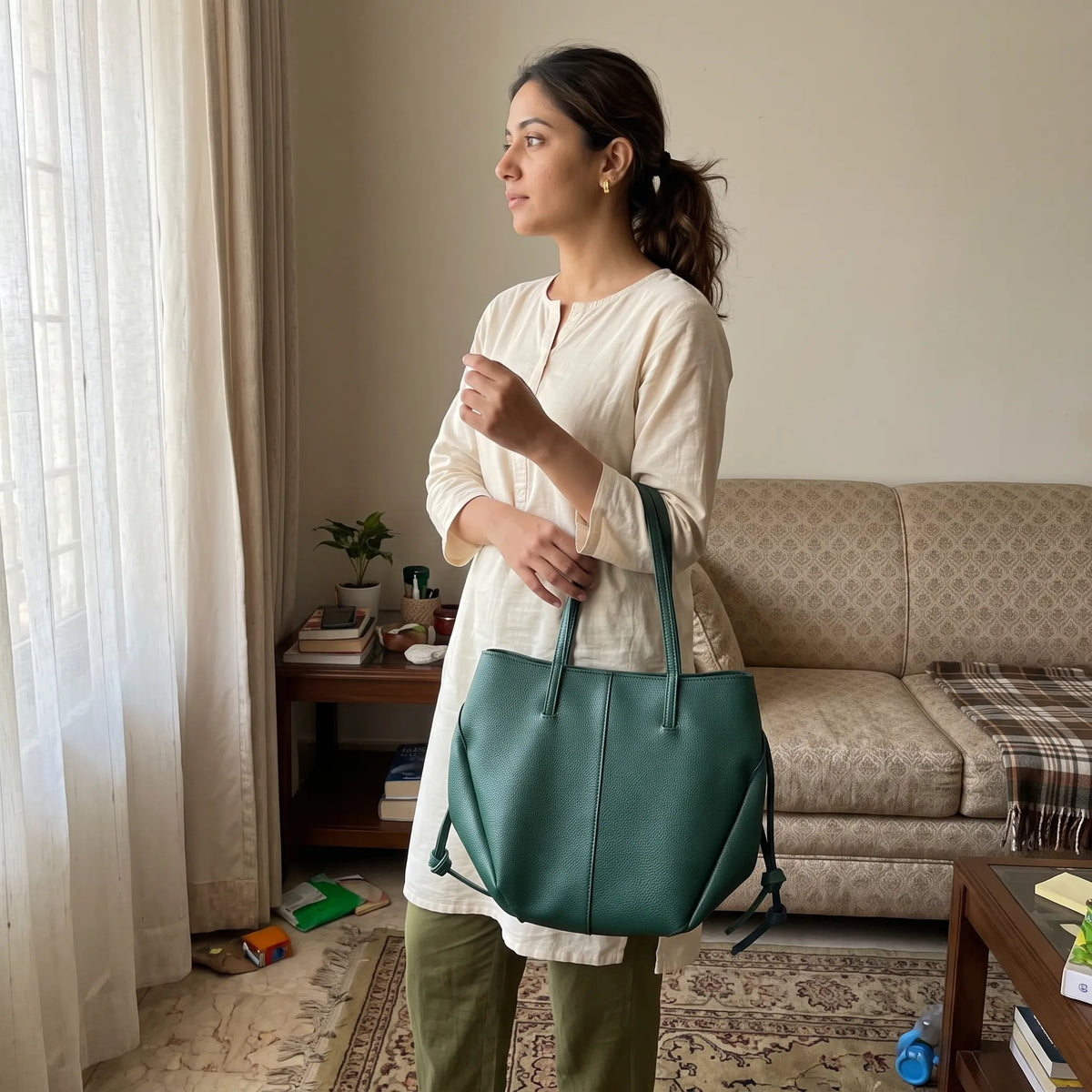 Structured Tote Bag with Side Drawstrings