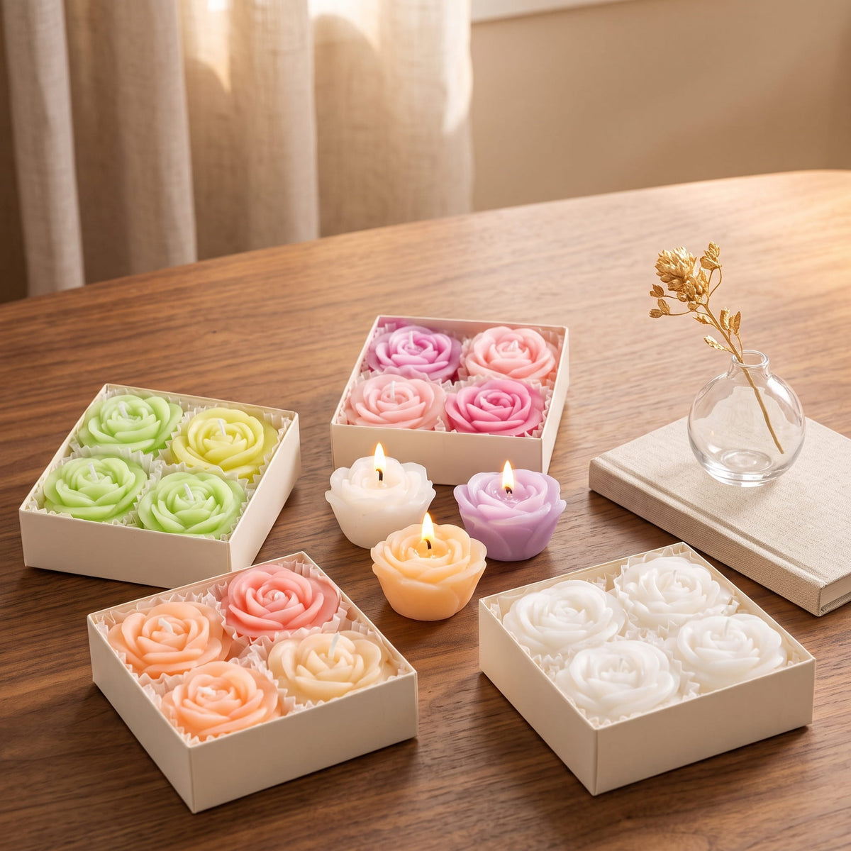Rose Flower Scented Candles Gift Set – 4 Pcs Decorative Floral Candles