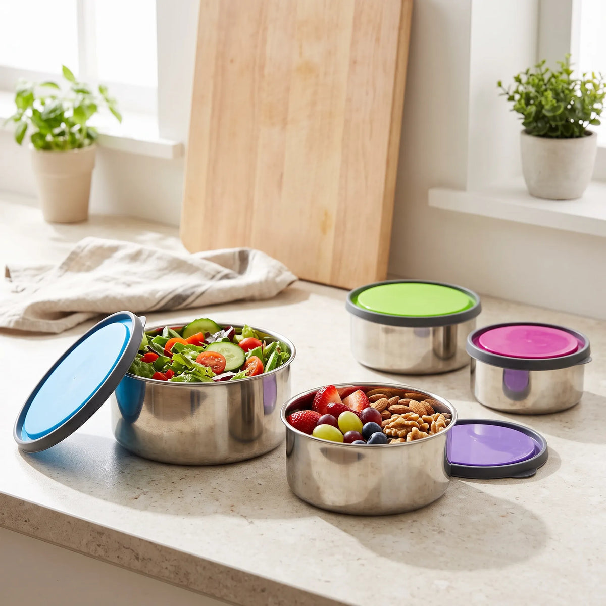 4-Piece Stainless Steel Stackable Food Storage Bowl Set with Colourful Lids