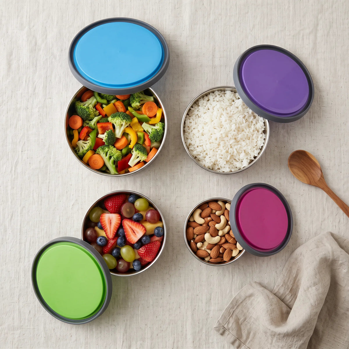 4-Piece Stainless Steel Stackable Food Storage Bowl Set with Colourful Lids