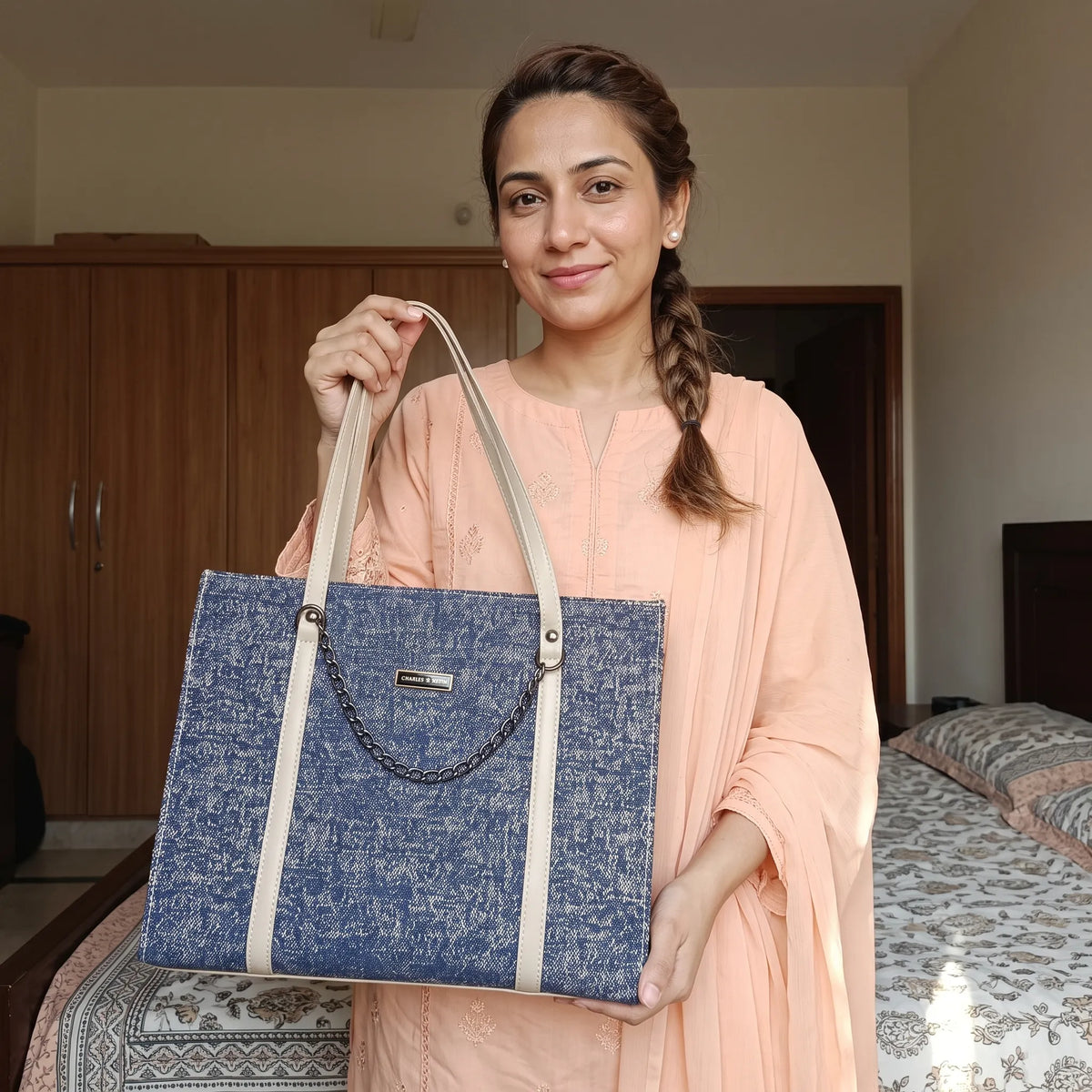 Blue and Beige Patterned Tote Bag with Cream Straps