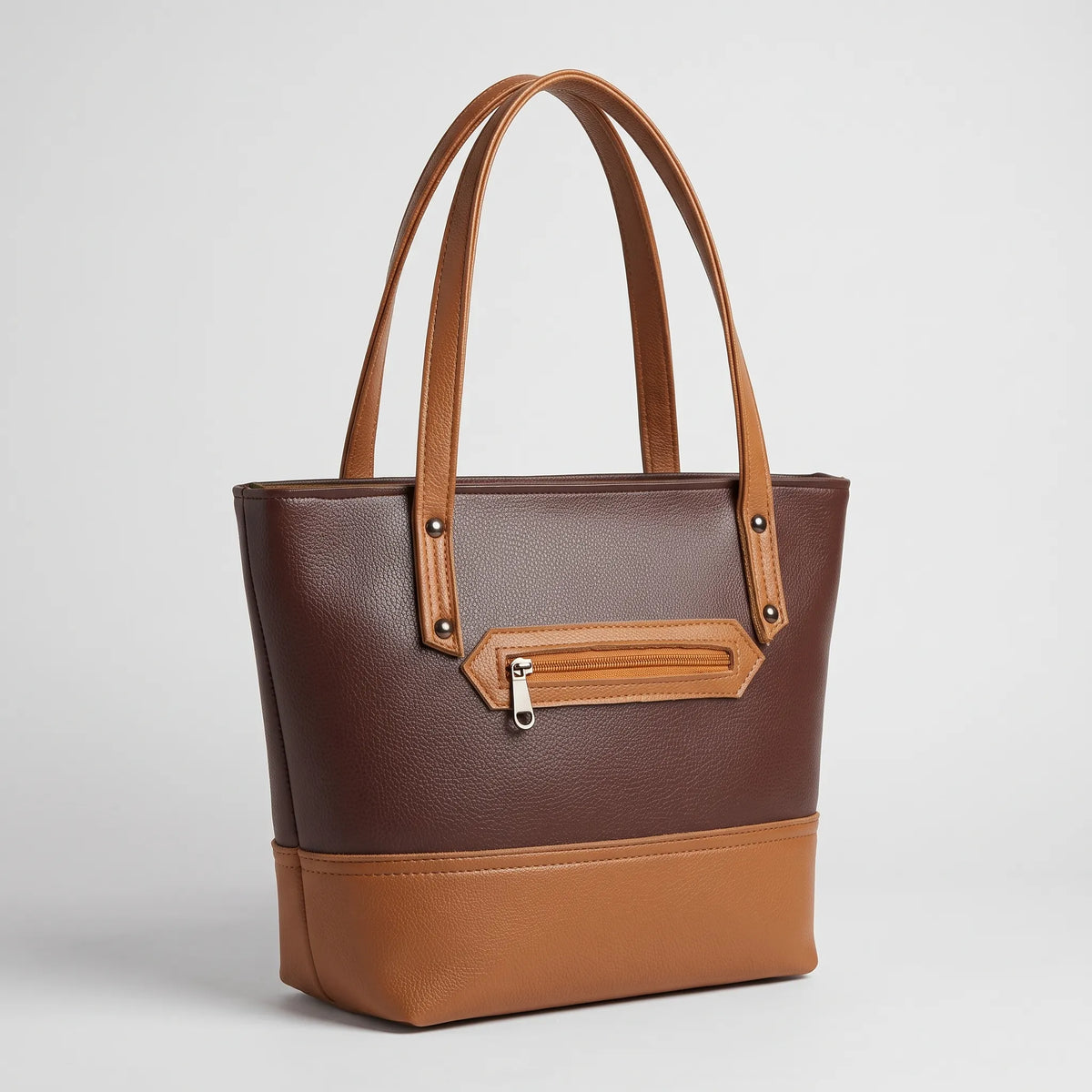 Two-Tone Brown and Tan Tote Bag with Exterior Zipper Pocket – Women’s Handbag
