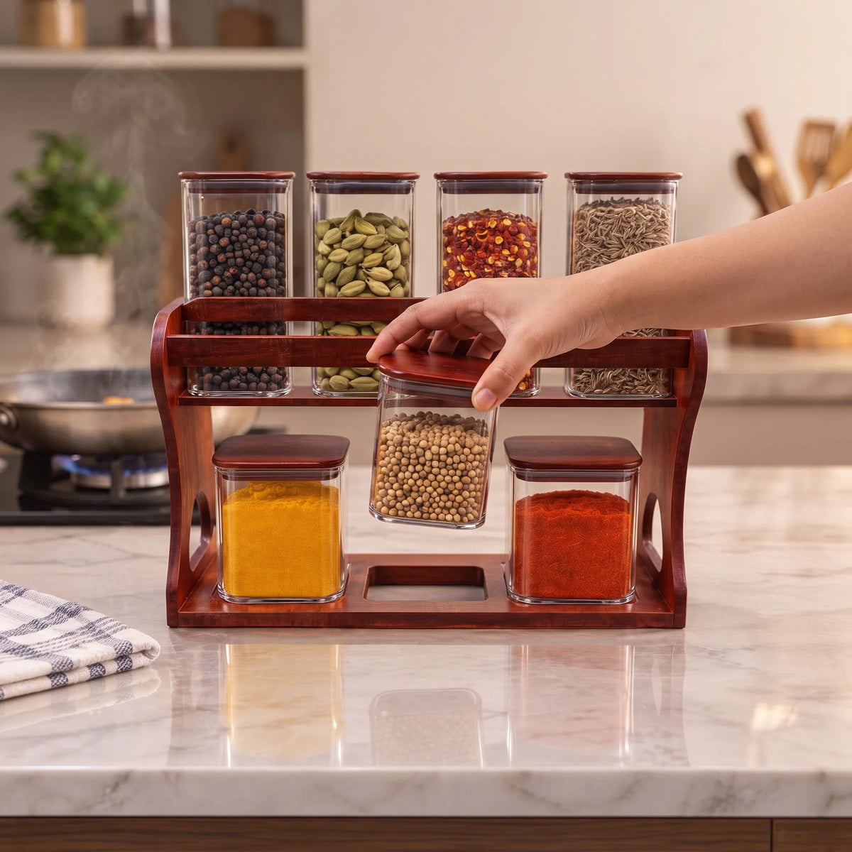 7-Piece Glass Storage Jar Set with Wooden Stand – Kitchen Spice Organiser