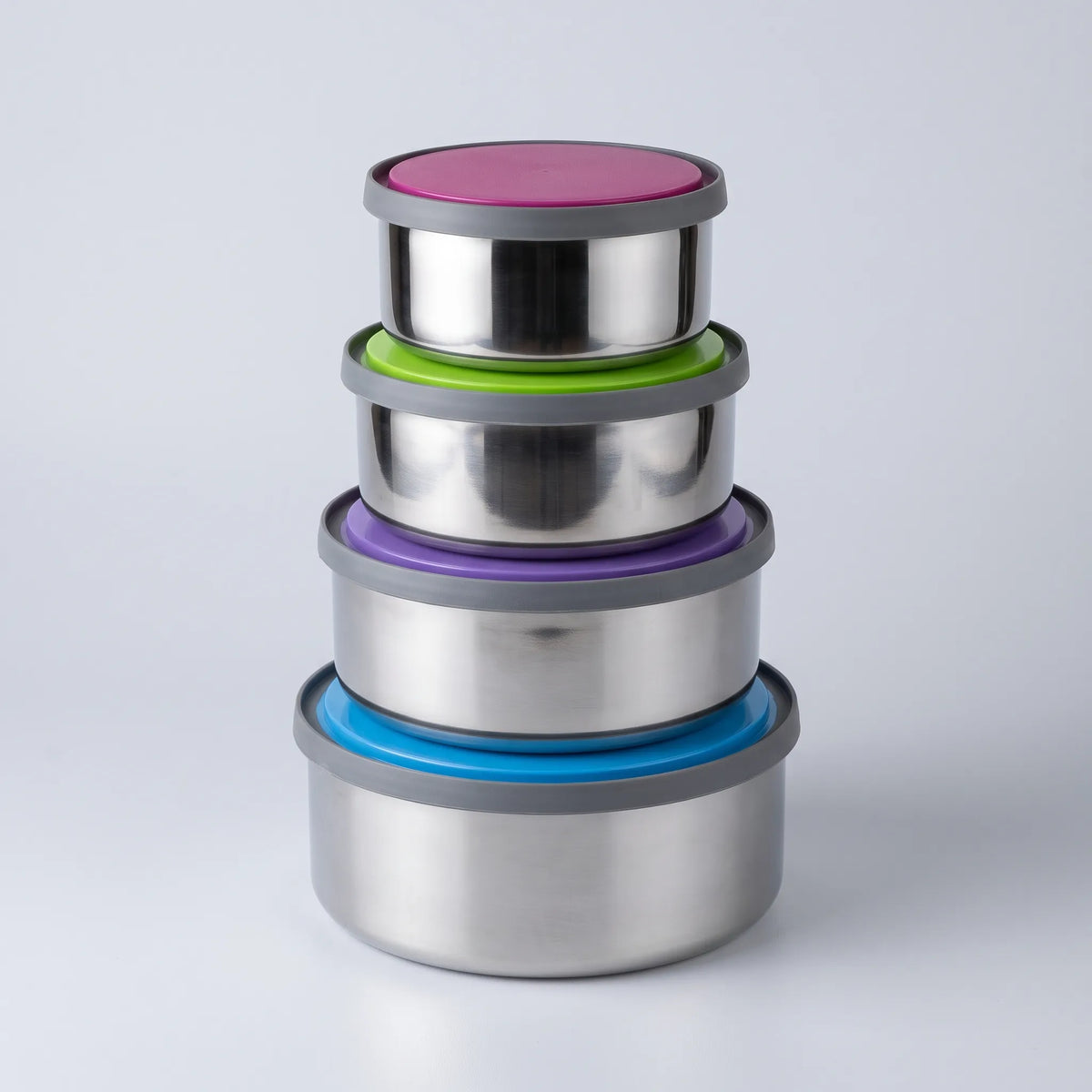 4-Piece Stainless Steel Stackable Food Storage Bowl Set with Colourful Lids