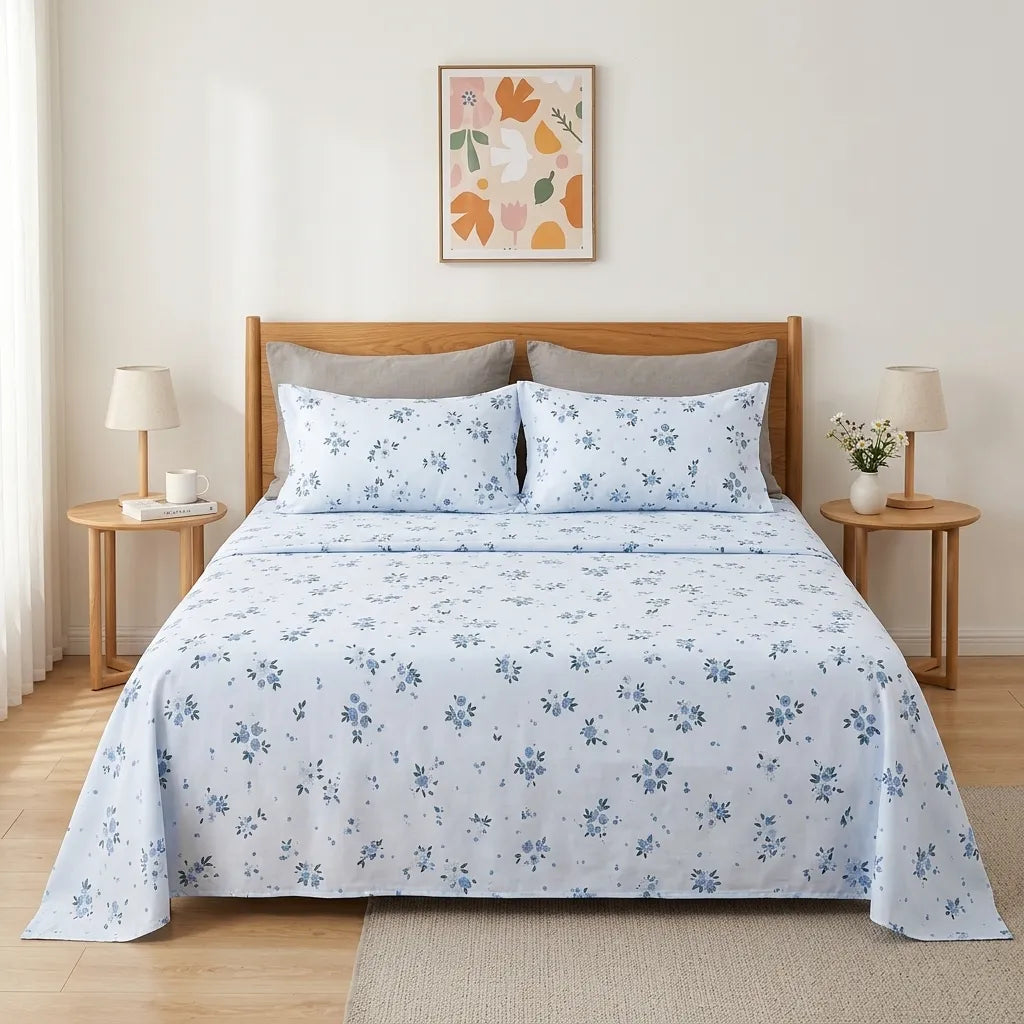 3pcs Sky Blue Meadow Floral Bedding Set