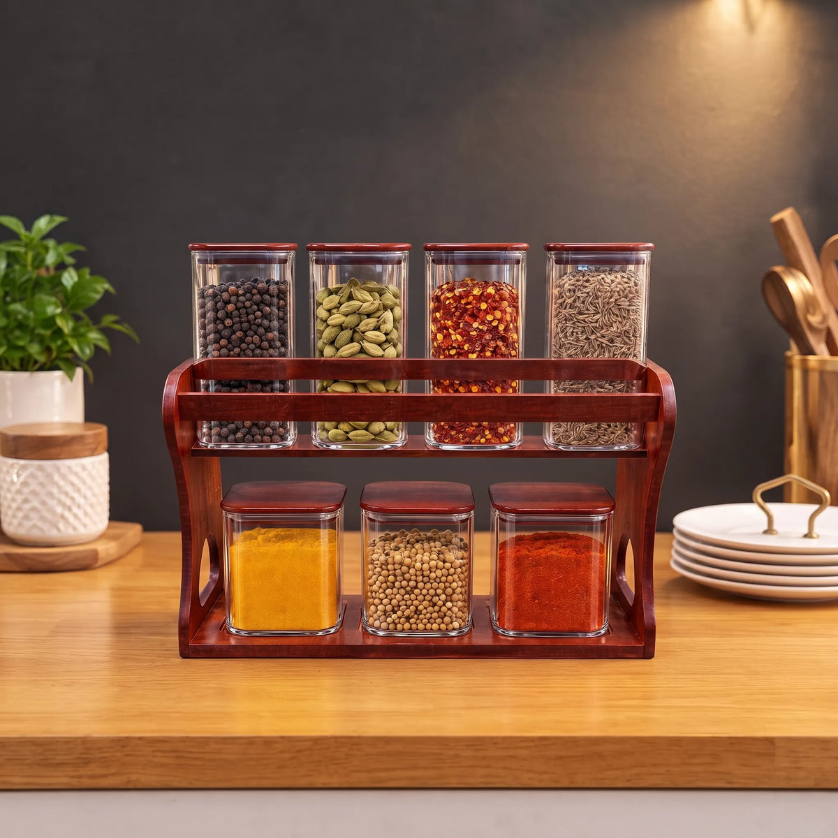 7-Piece Glass Storage Jar Set with Wooden Stand – Kitchen Spice Organiser