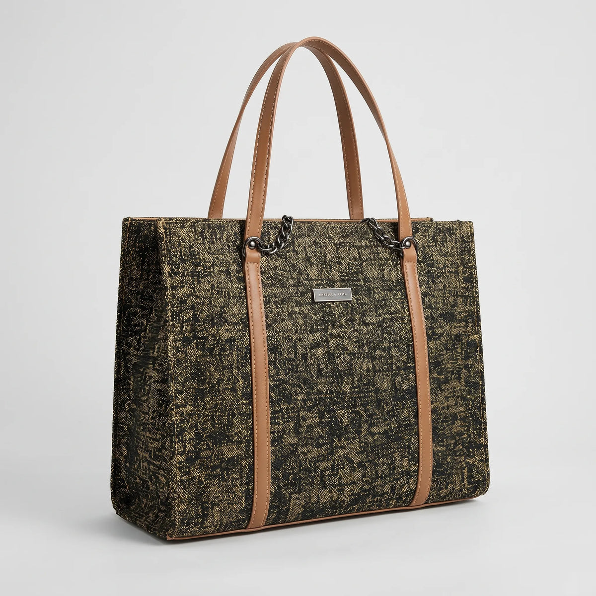 Black and Gold Patterned Tote Bag with Tan Straps